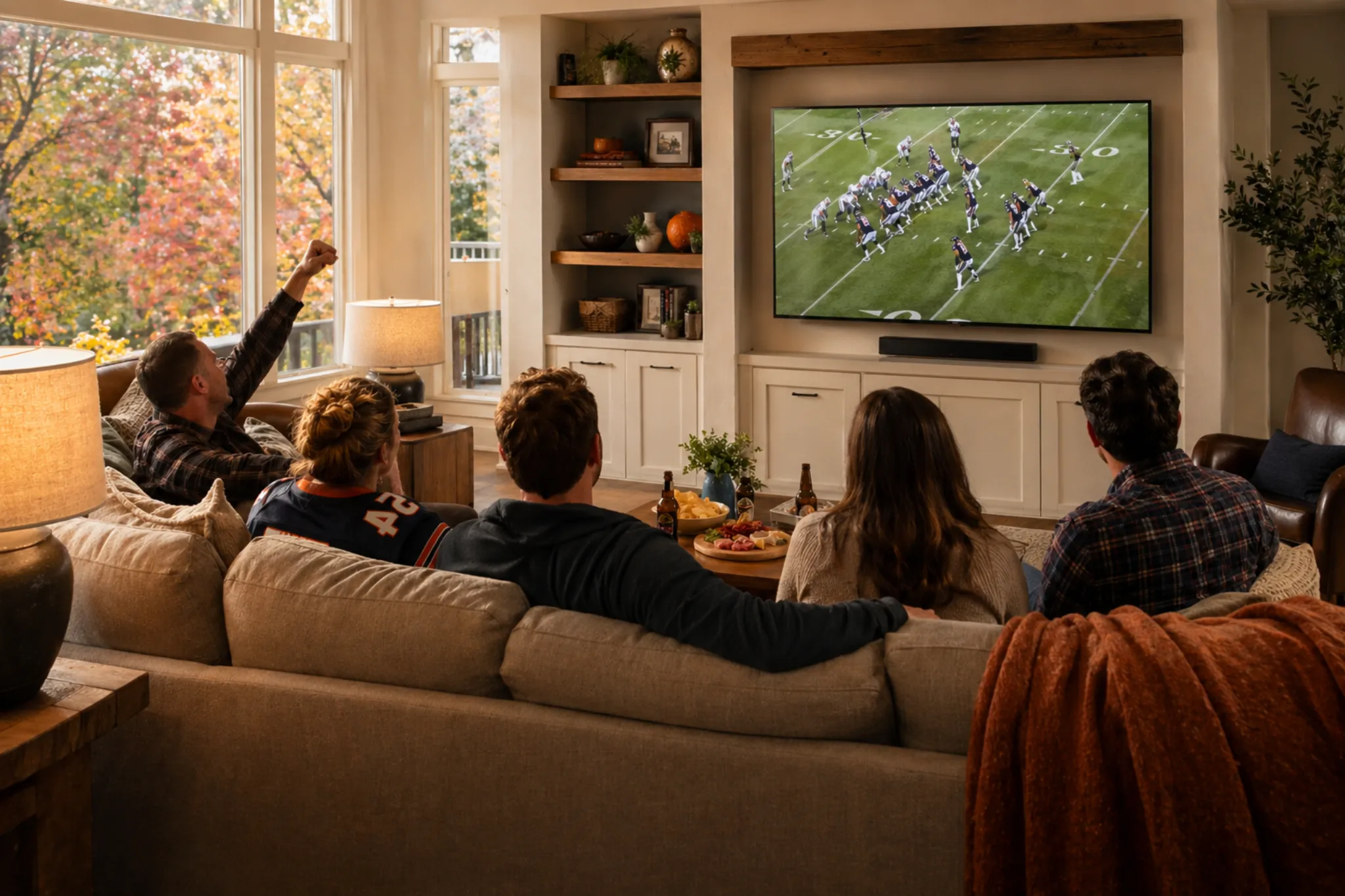 Family and friends watching a Chicago Bears game on a wall-mounted TV in a Chicago living room, installed by Spensley Smart Homes.