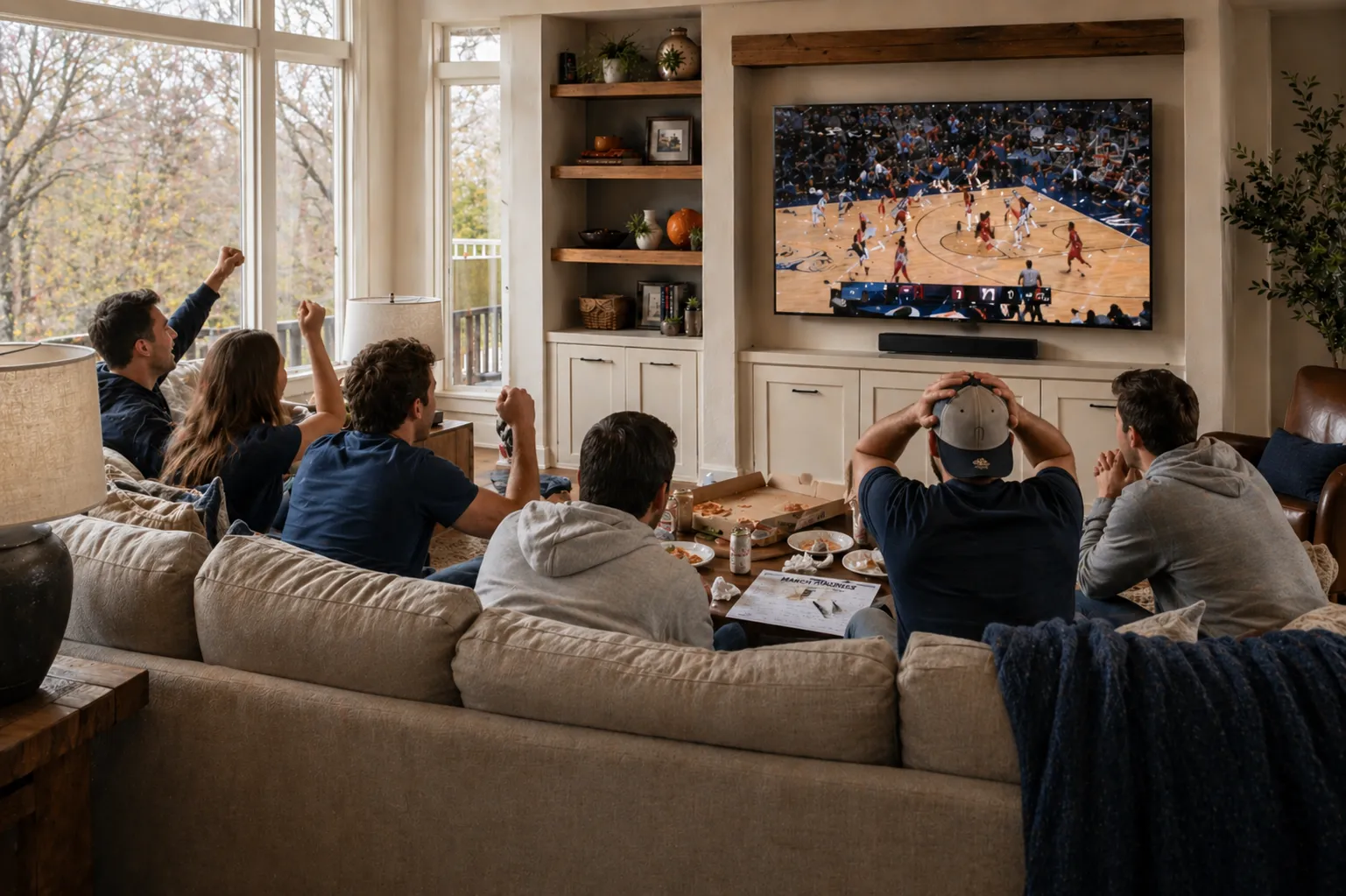 Friends watching March Madness on a flat-screen TV mounted in a Chicago living room.