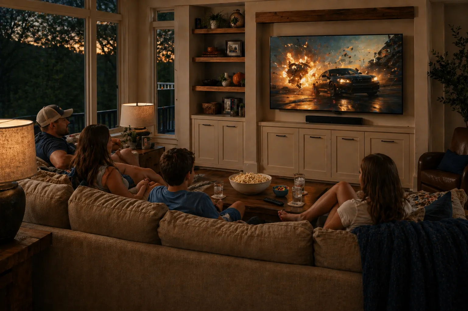 Family movie night in a Chicago living room with a professionally installed wall-mounted TV and soundbar.