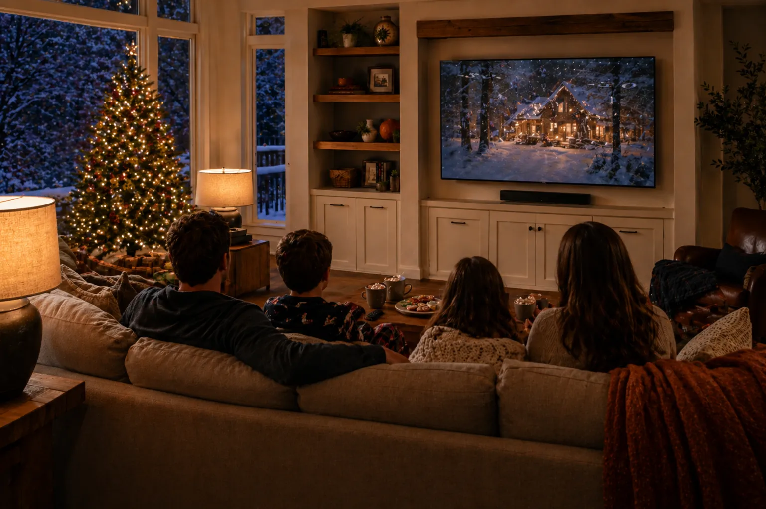Family enjoying a holiday movie on a professionally installed home theater system, decorated for Christmas.