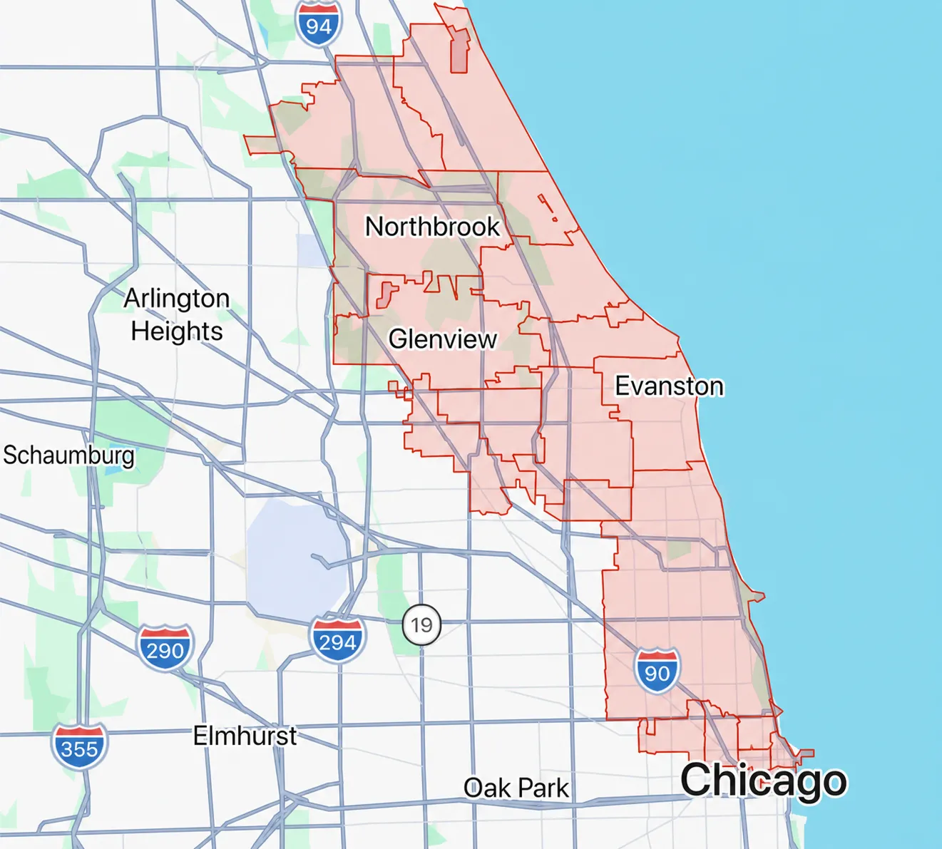 Map of Spensley's service area covering Chicago and the North Shore suburbs.