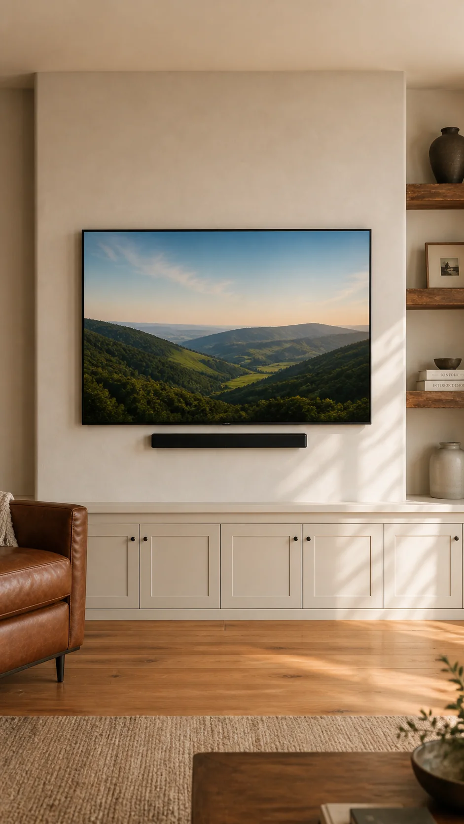 Cleanly wall-mounted TV with concealed wiring in a Chicago living room.